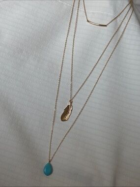 Long Gold Tone Layered Turquoise Stone & Feather Necklace